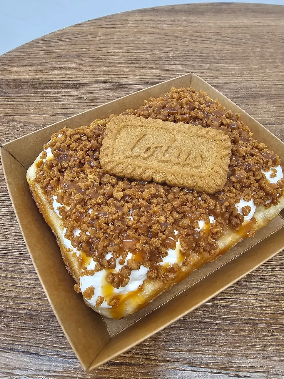 Caramel cream waffle topped with a Lotus biscuit