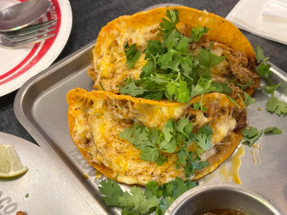 Close-up of birria taco packed with meat and cheese