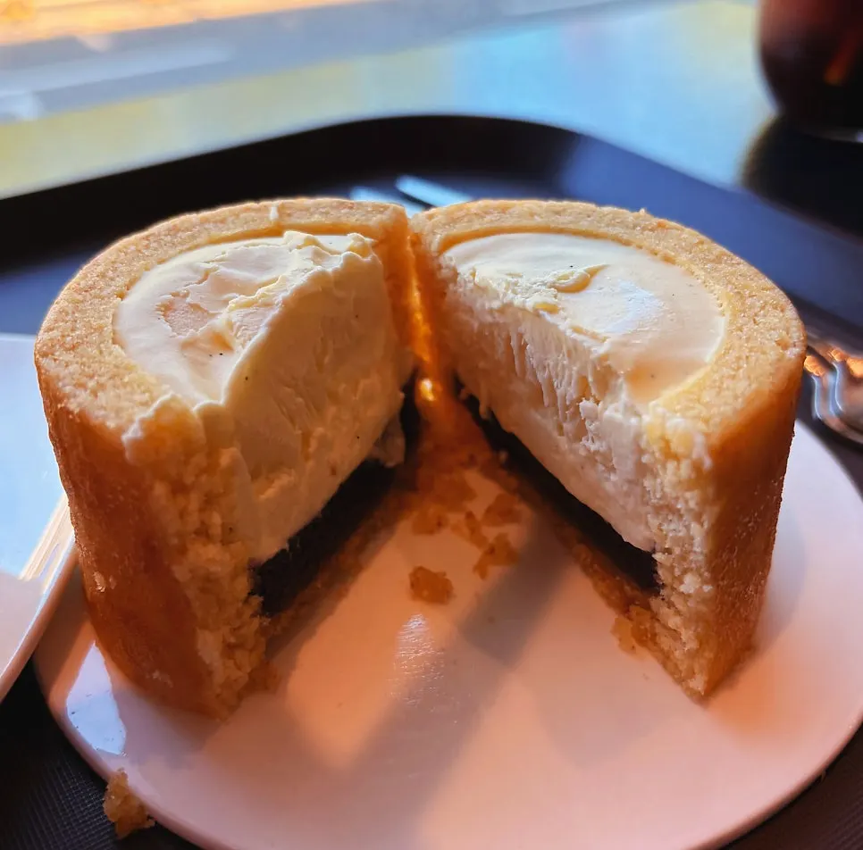 Cross-section shot of baumkuchen cut in half