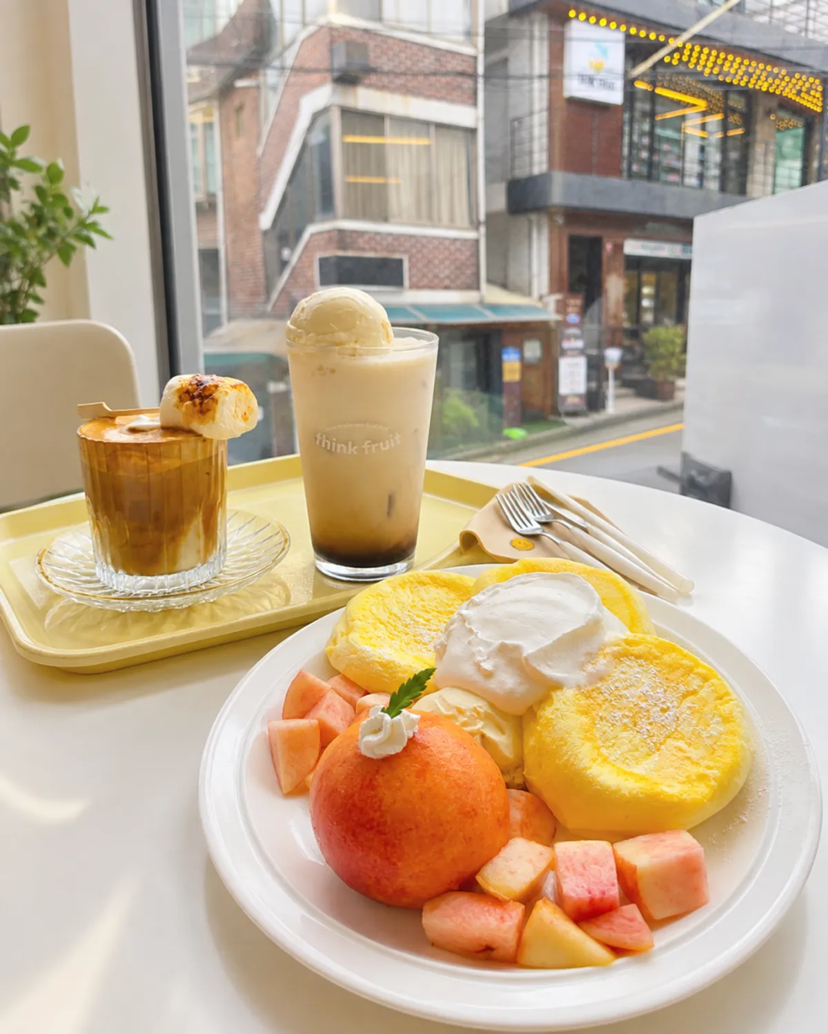 Peach soufflé dessert spread at Think Fruit