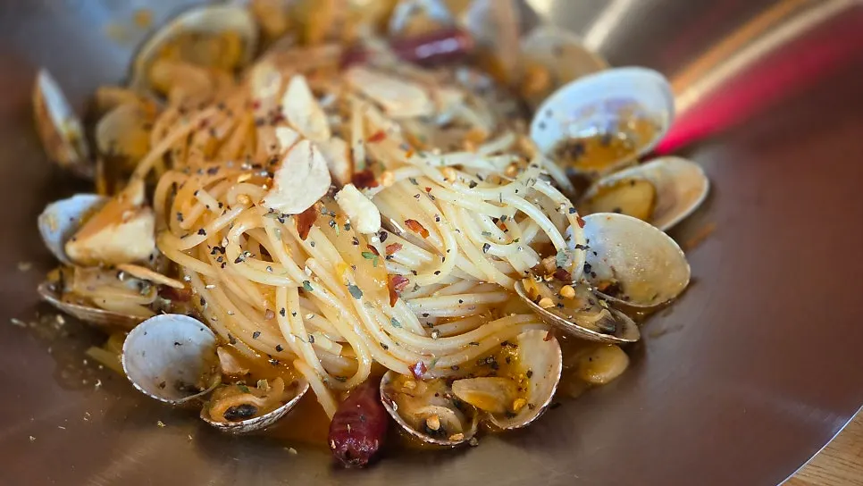 Clam bongolele pasta piled generously with clams