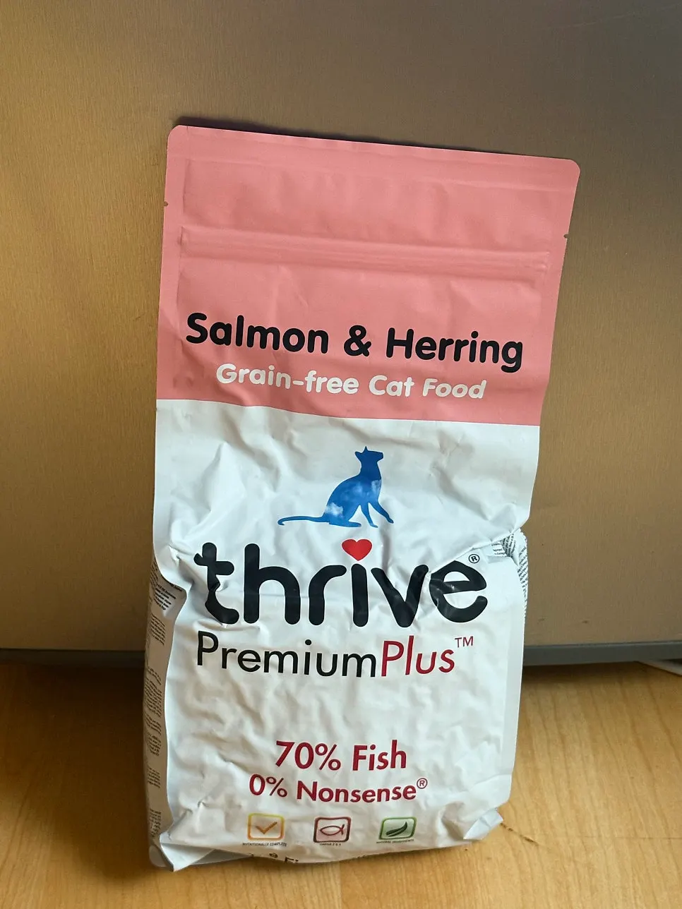 Thrive Salmon & Herring dry food product fed to the cats