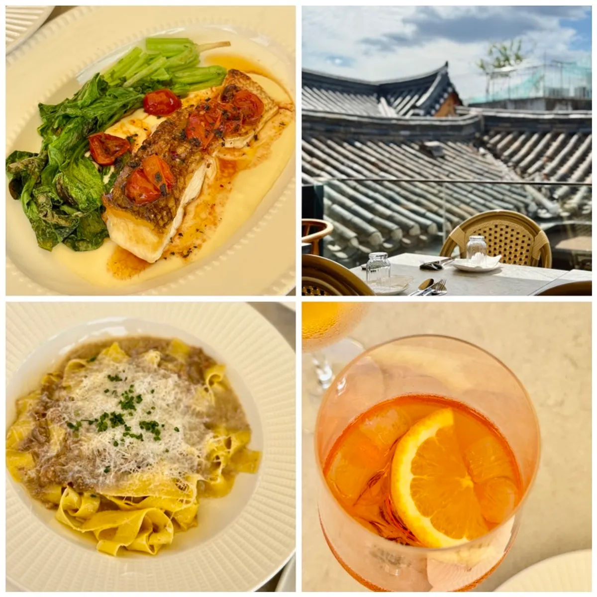 Pasta and drinks on a table on Teen Seoul's terrace in Seochon