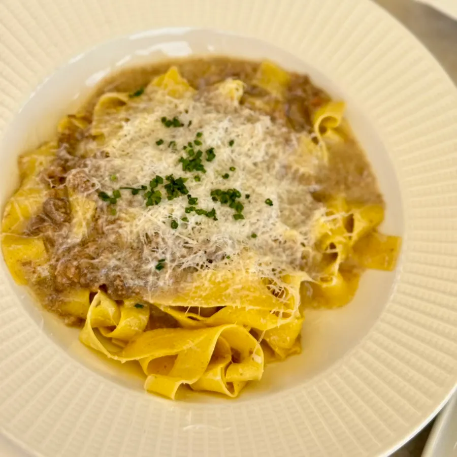 A plate of white ragu handcut fettuccine
