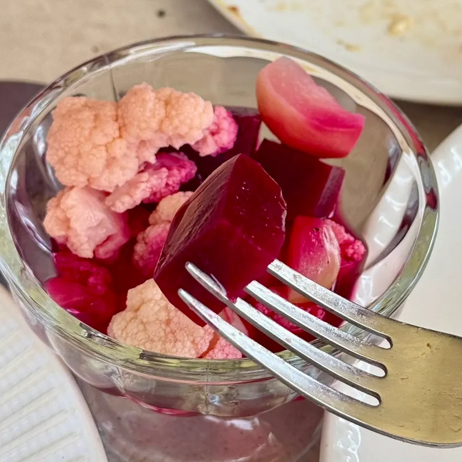 Homemade pickles made with beet and cauliflower
