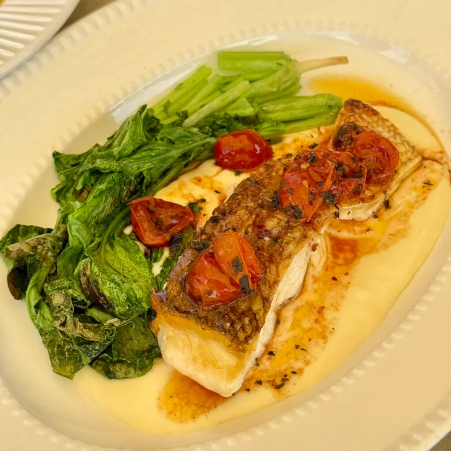 Grilled sea bream with parsnip purée and grilled yeolmu
