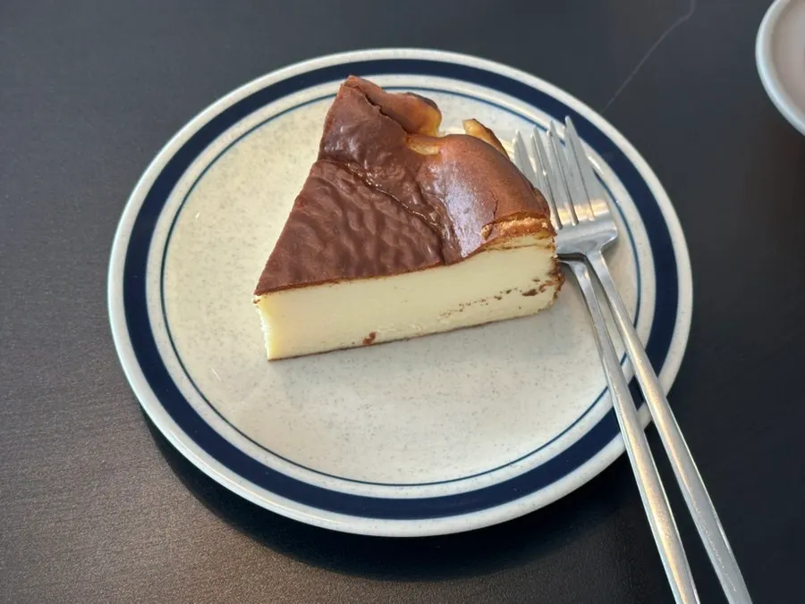 The dense, fudgy cross-section of the Basque cheesecake