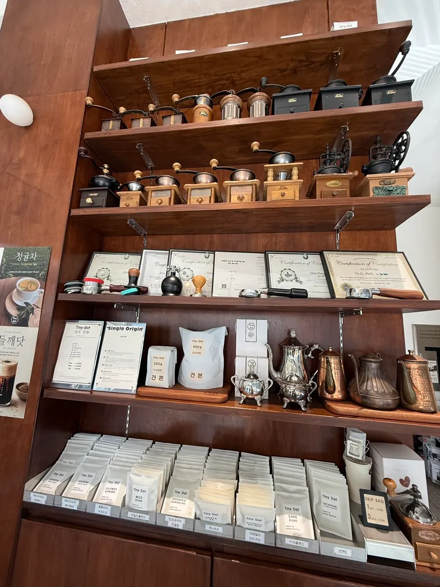 Display shelf of drip bags and beans for sale