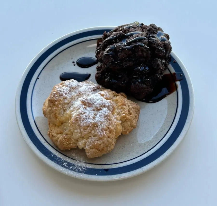 Chocolate scone and gourmet butter scone at Tiny Dot