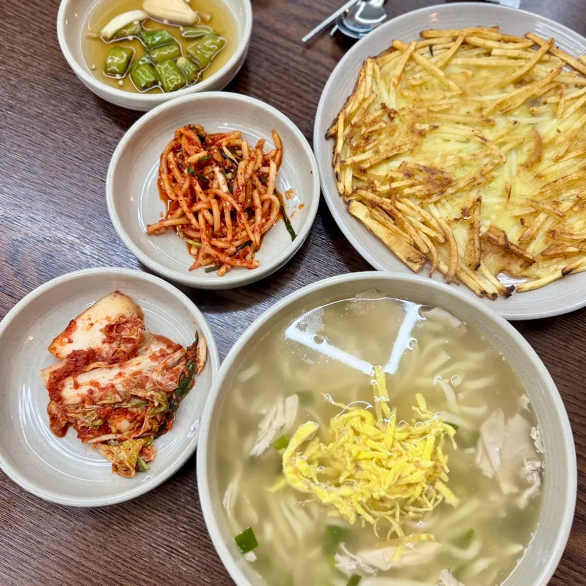 Table setting with chicken kalguksu and potato pancake ordered at Todamok