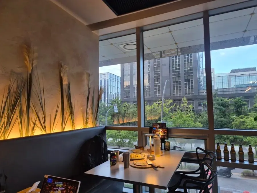 Floor-to-ceiling window view with plants outside