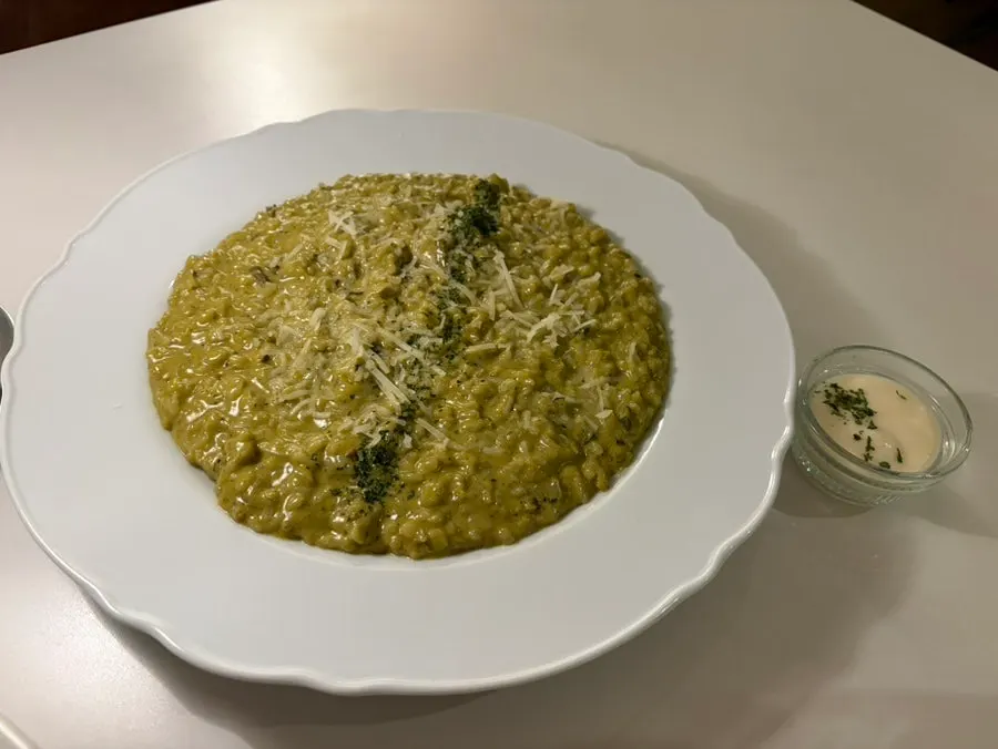 A plate of abalone intestine cream risotto