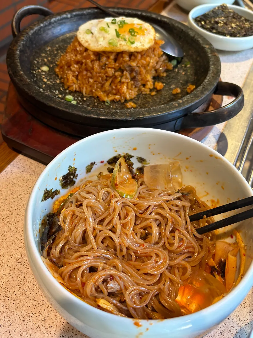 Galbi fried rice topped with a fried egg