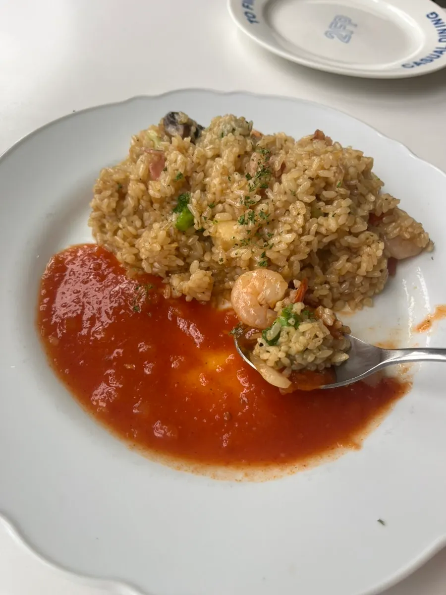 Sauces served alongside the shrimp pilaf