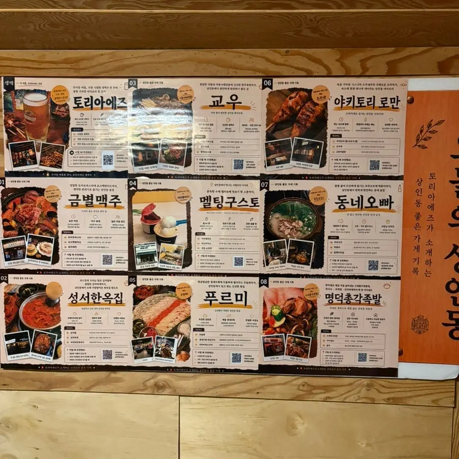 Board near the restroom recommending Sangin-dong restaurants