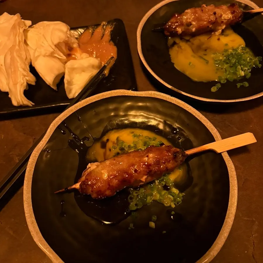 Two signature tsukune skewers from Toriaejeu
