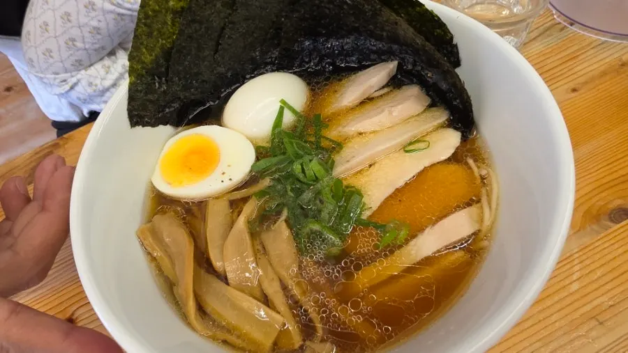 Chicken-broth shoyu ramen with chicken topping