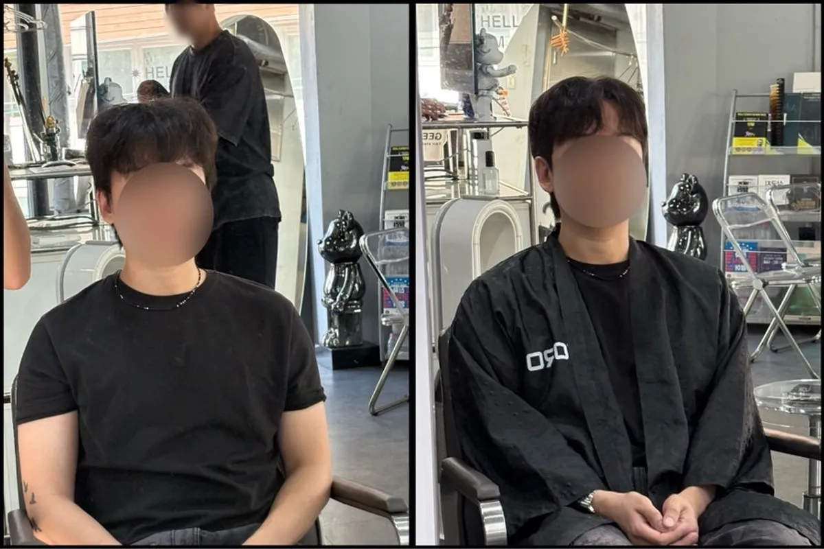 Before and after comparison of a men's cut and down perm