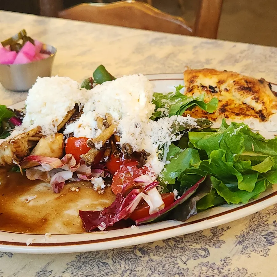 Mushroom salad served with wood-fired focaccia