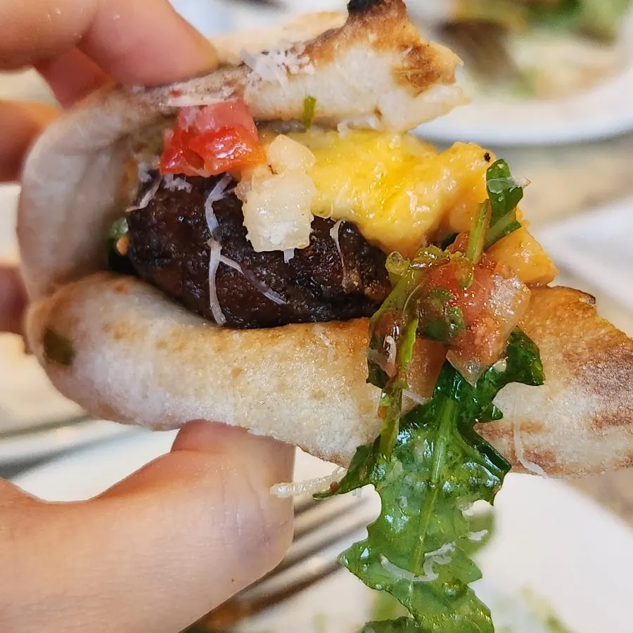 Cross-section of panuozzo packed with meatballs