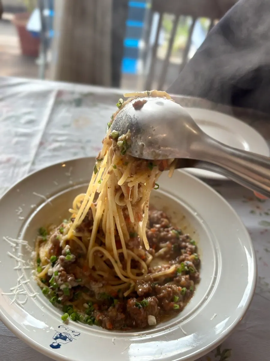 Pasta noodles coated in white ragu sauce
