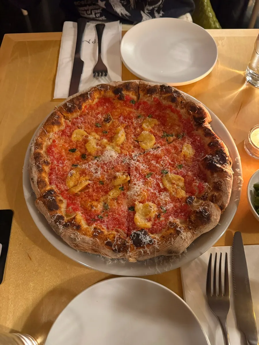 Fermented tomato pie wood-fired pizza on the table