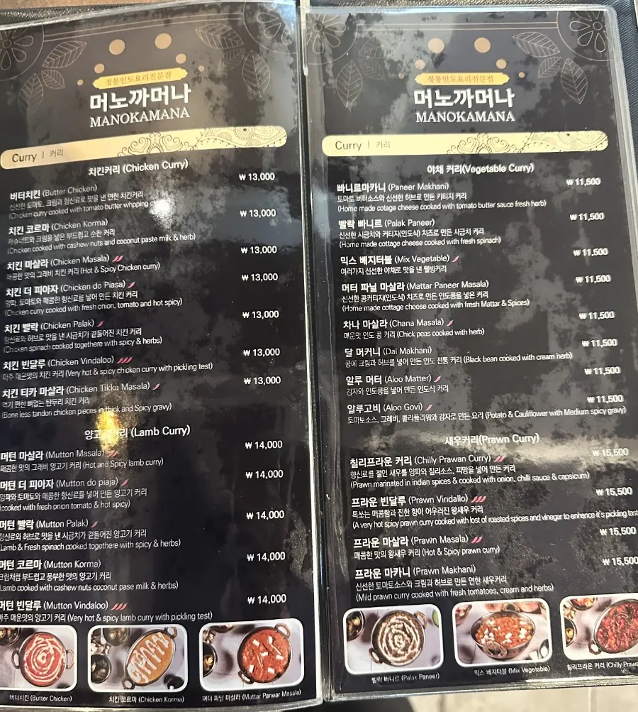 커리 종류가 적힌 메뉴 페이지