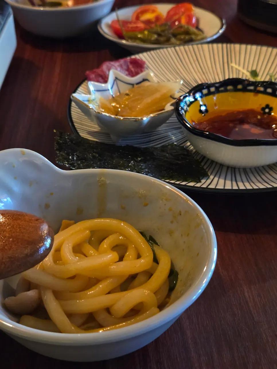 Udon noodles added into the tantan broth