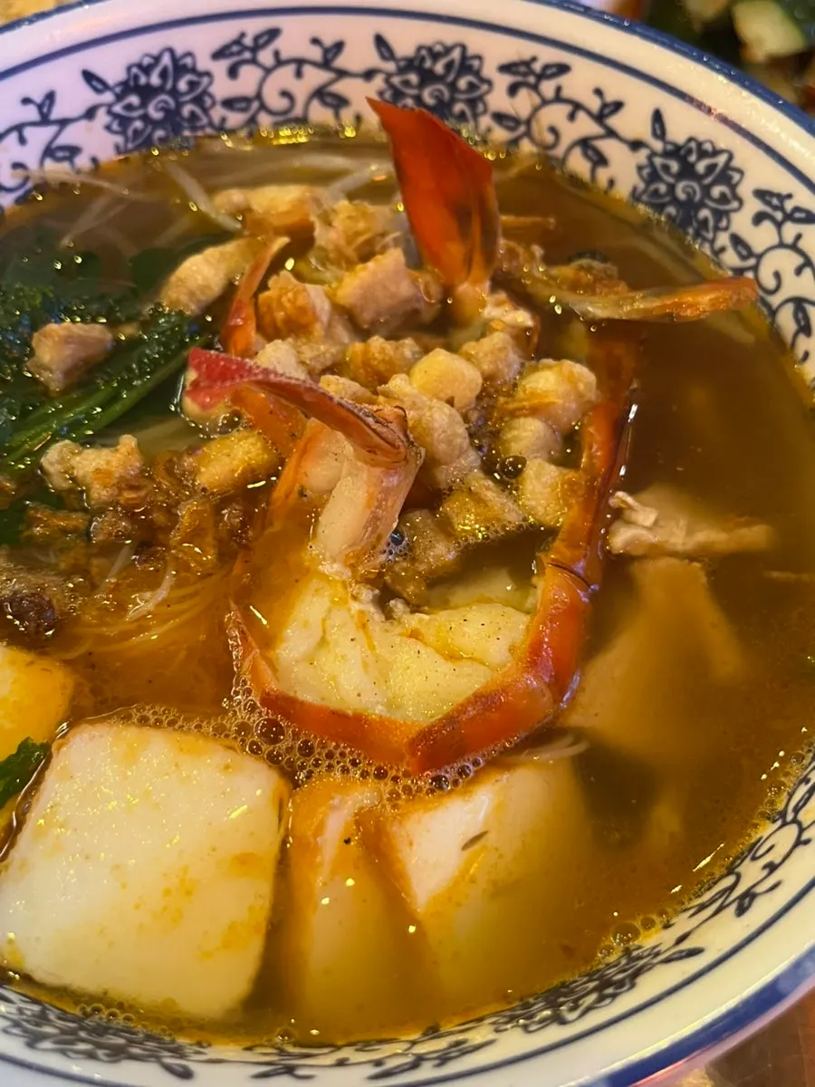 Close-up of the large jumbo prawn in the shrimp noodles