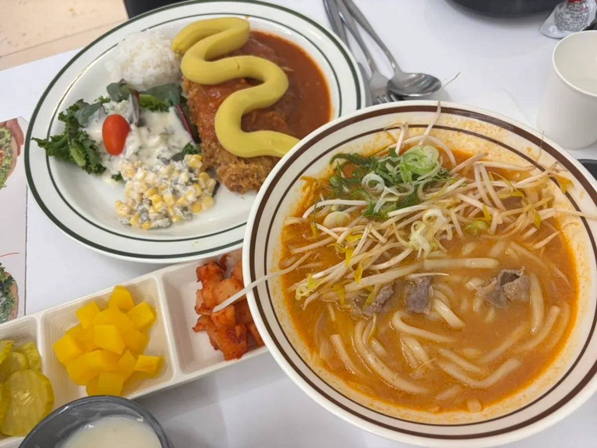 Table set with mala udon and sweet potato cheese cutlet together