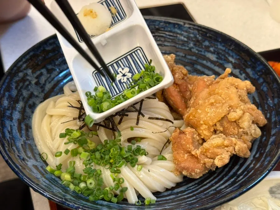 Sanuki udon noodles in bukkake udon