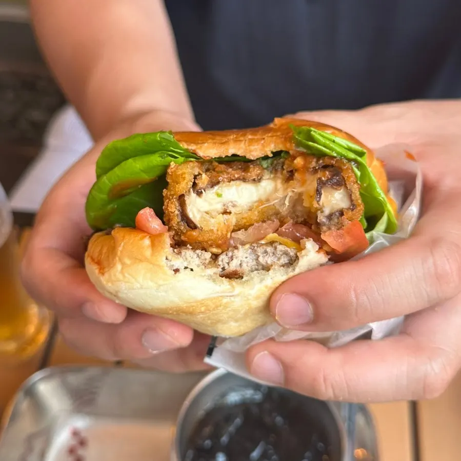 Close-up of the Mushroom Burger with patty and mushrooms