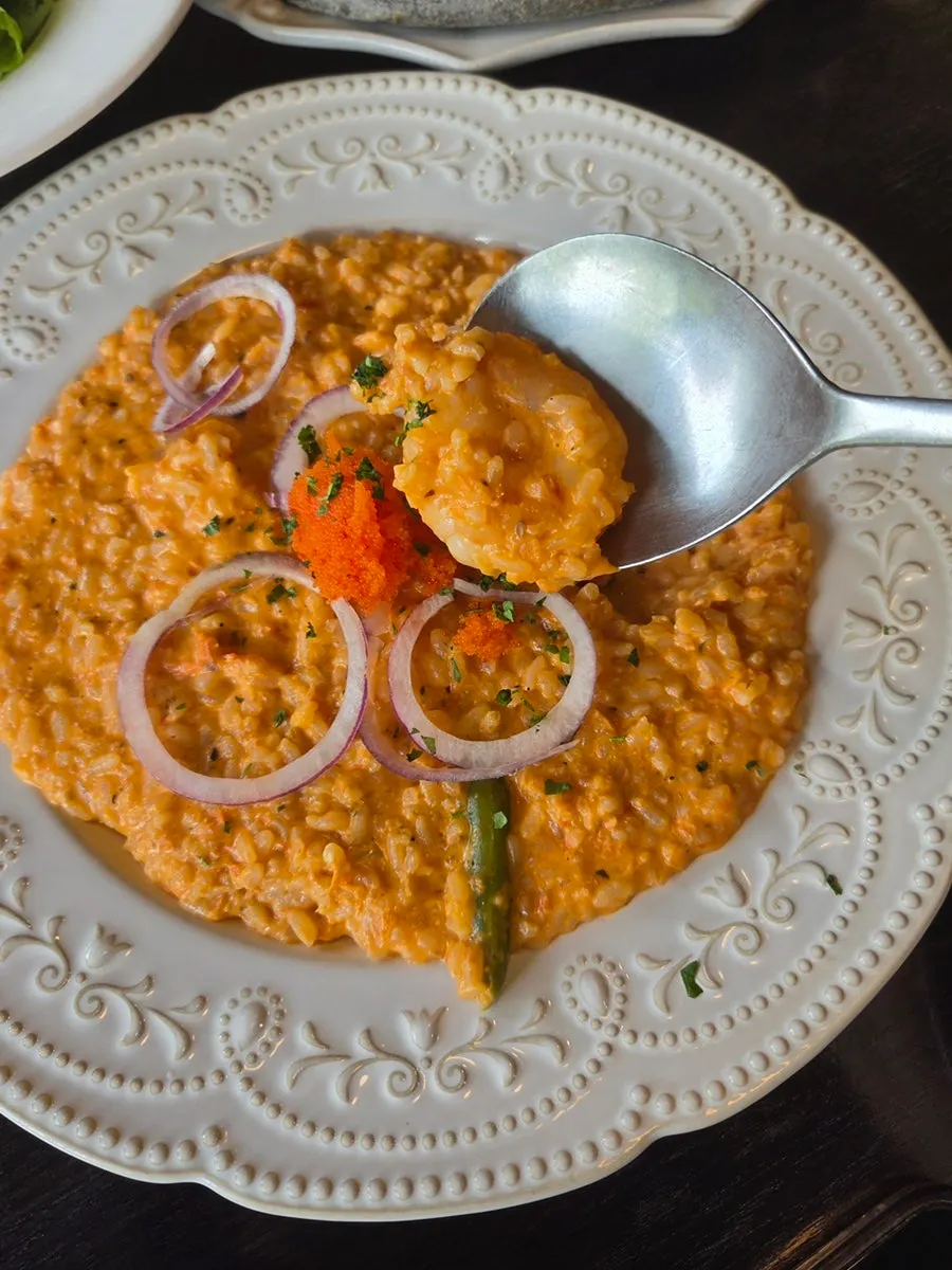 A plate of gamberi crab rose risotto