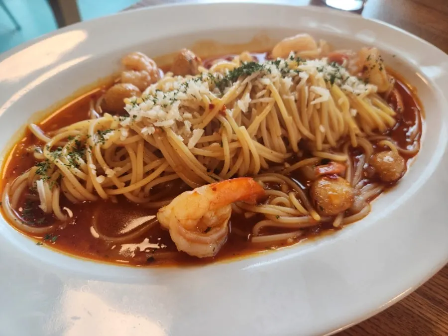 Hot Shrimp Garlic Pasta with shrimp and whole roasted garlic
