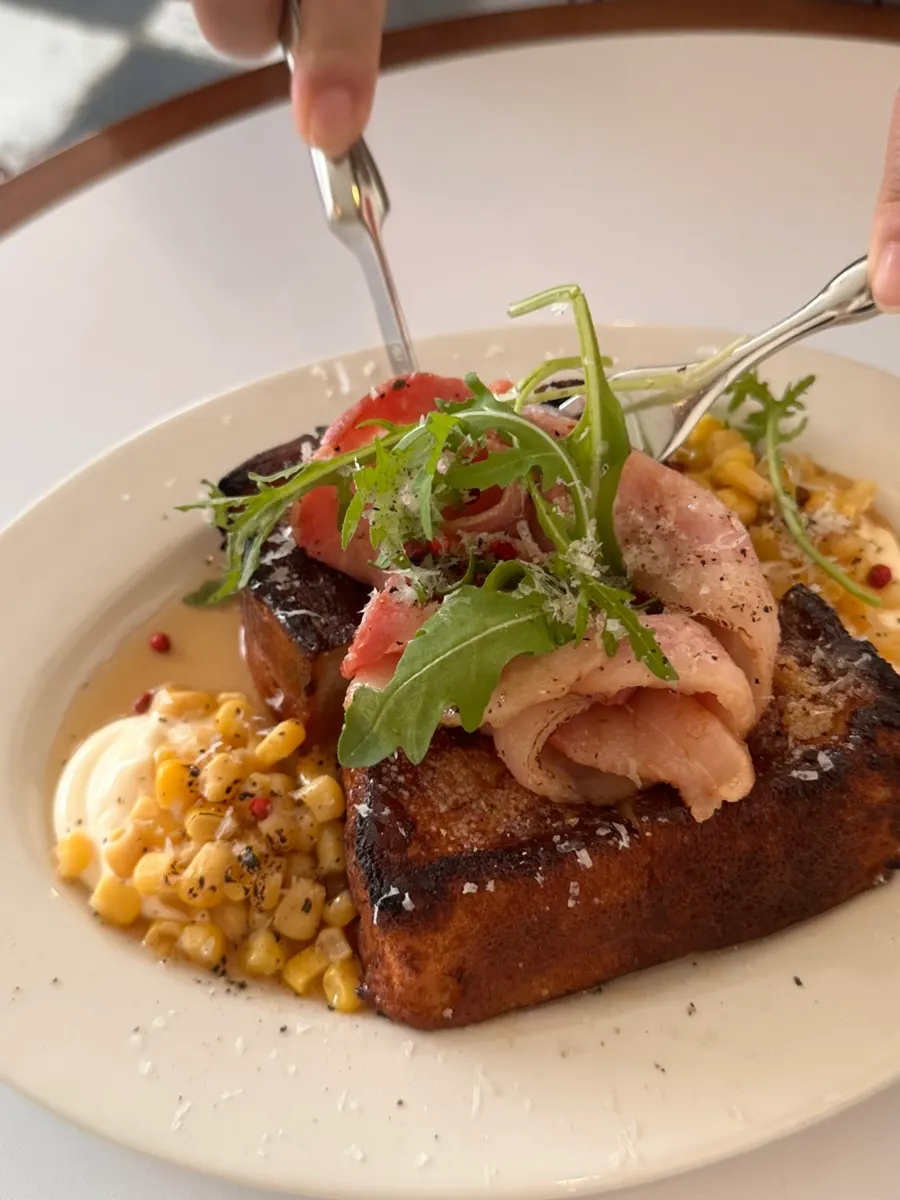 Freshly made corn bacon French toast