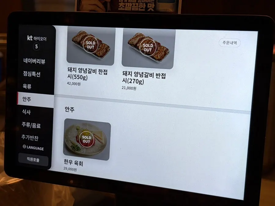 Meat menu listing beef and pork fresh ribs