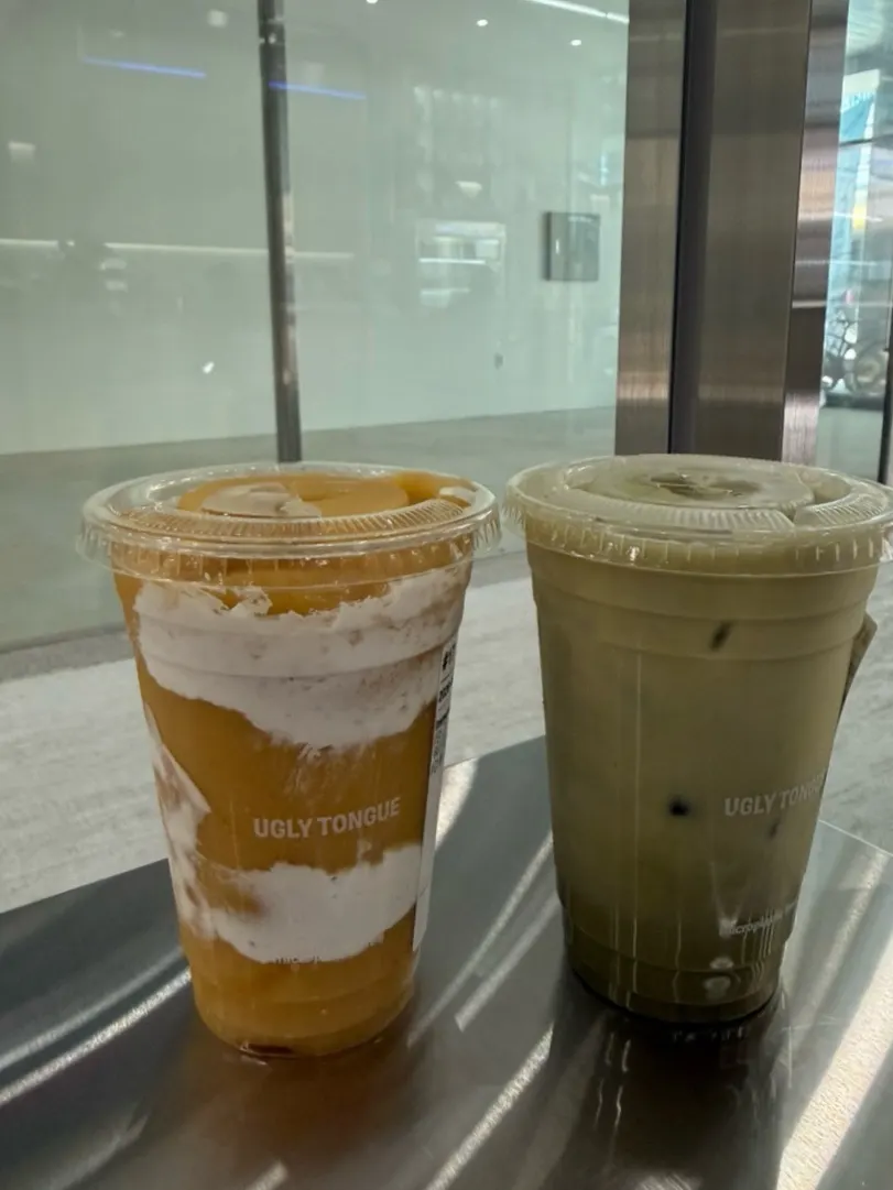 Two cups of Ugly Tongue smoothie and matcha latte