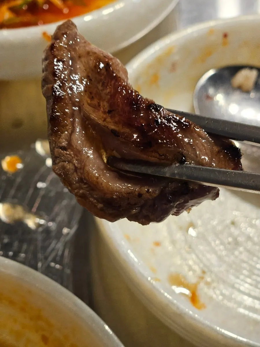전용 소스를 찍은 갈비살 한 점