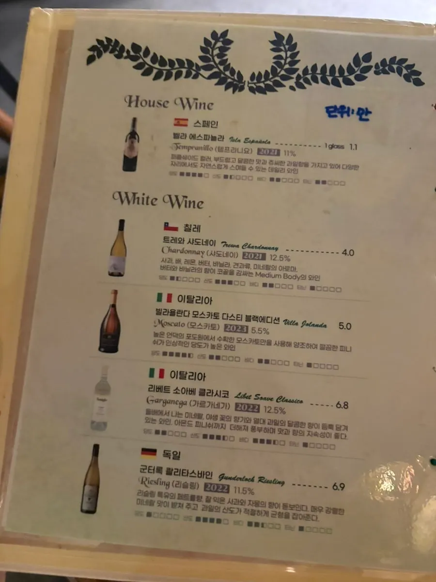 우이 사당점 파스타 메뉴가 적힌 메뉴판