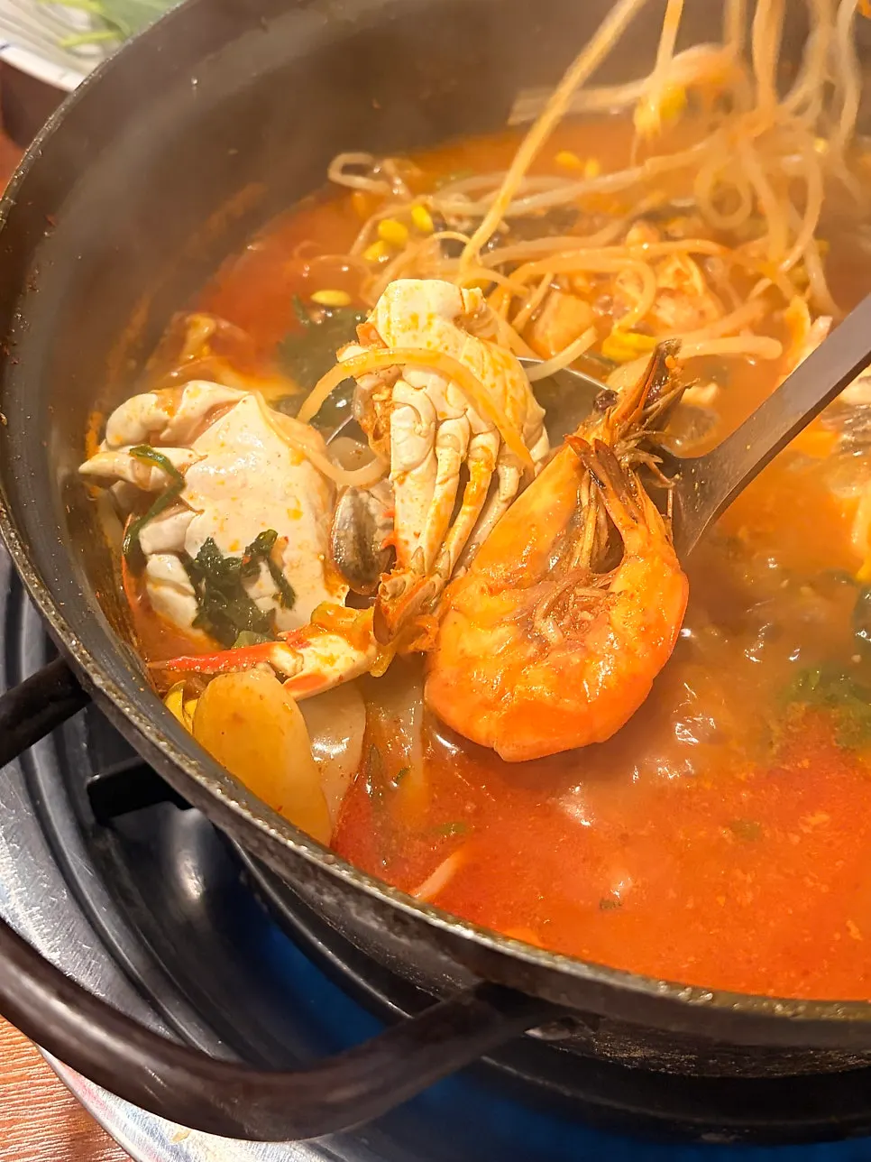 Potato dumpling noodles inside the spicy stew