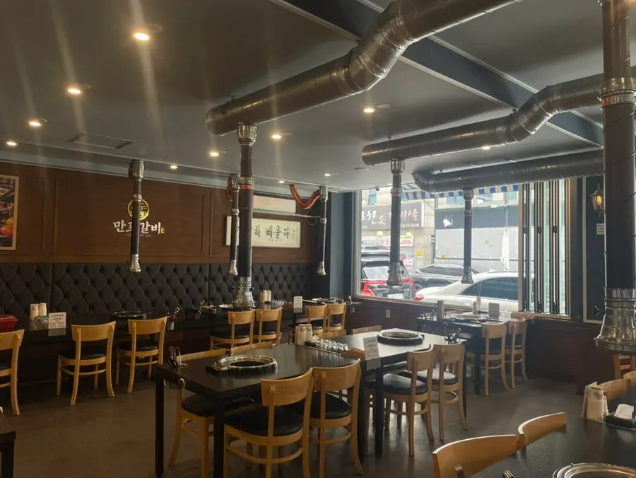 Wide view of the dining hall at Manpo Galbi