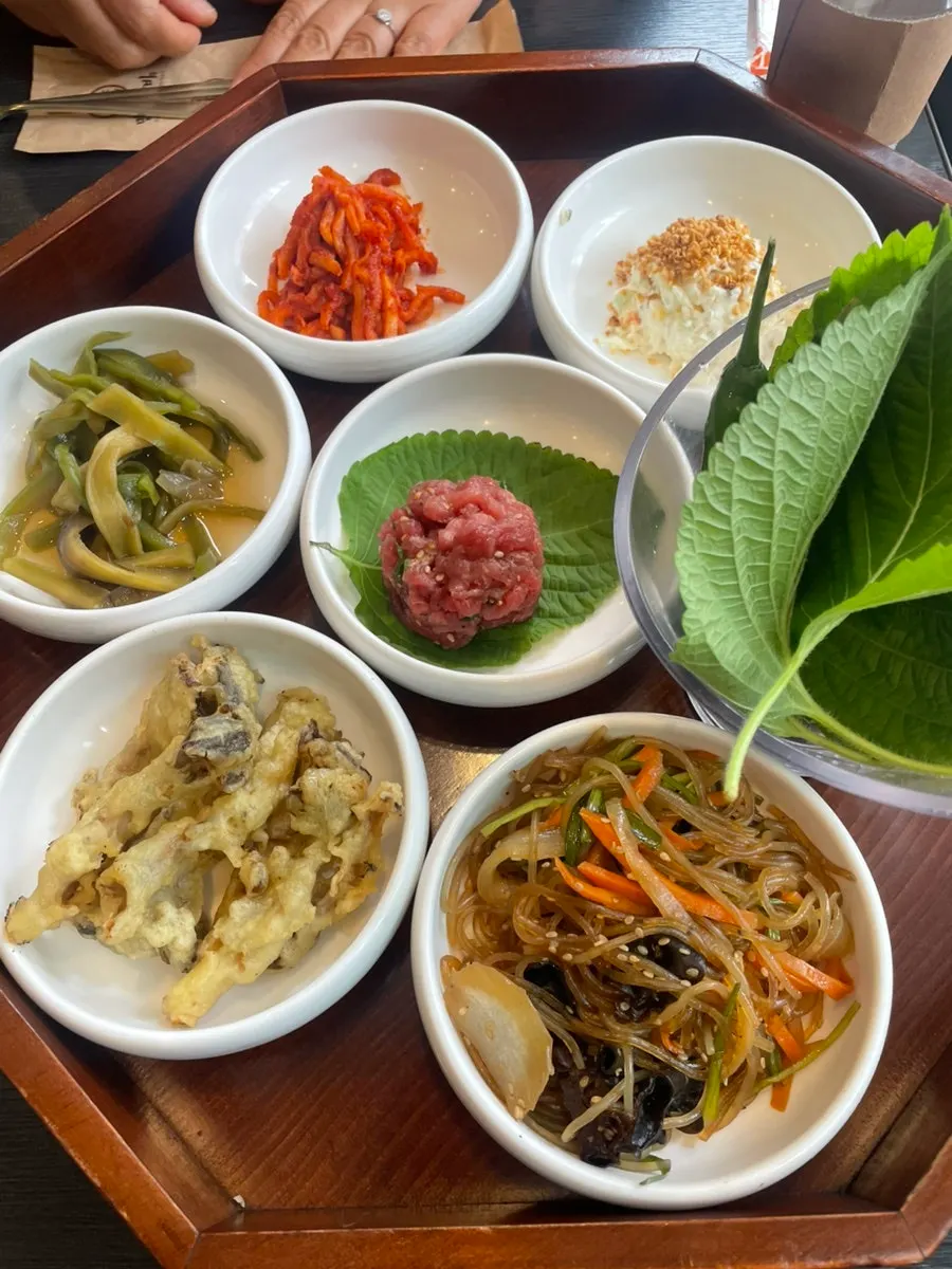 Full spread of basic side dishes at Manpo Galbi