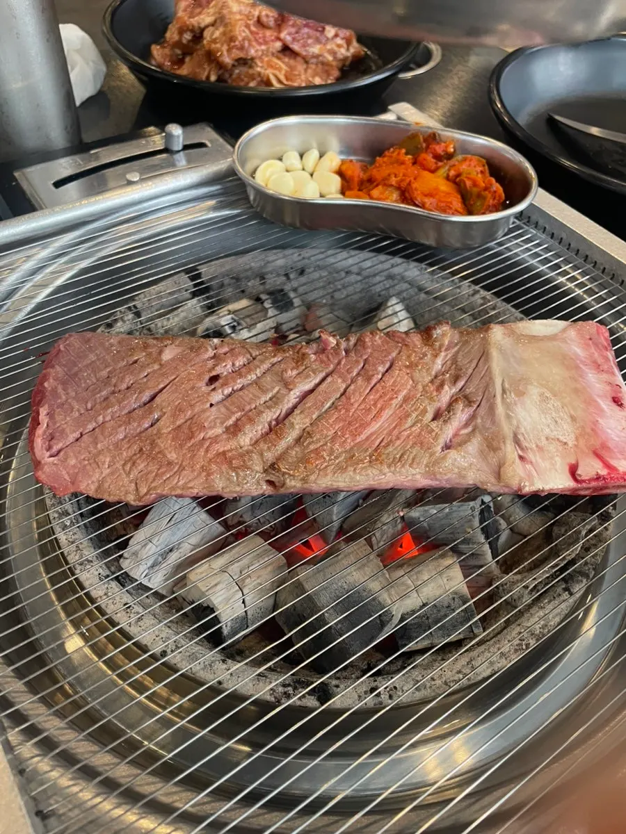 Kimchi grilled alongside the marinated galbi