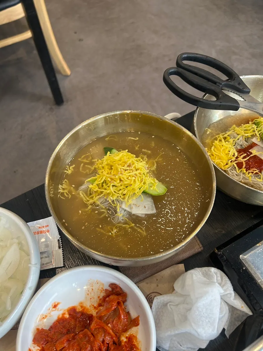 Close-up of Manpo Galbi's dessert naengmyeon noodles