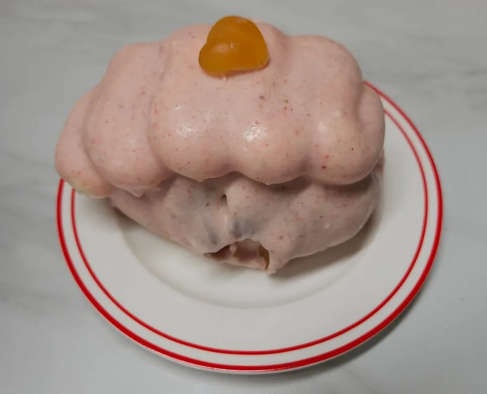 Real peach yogurt salt bread with its wakppu shell cracked open