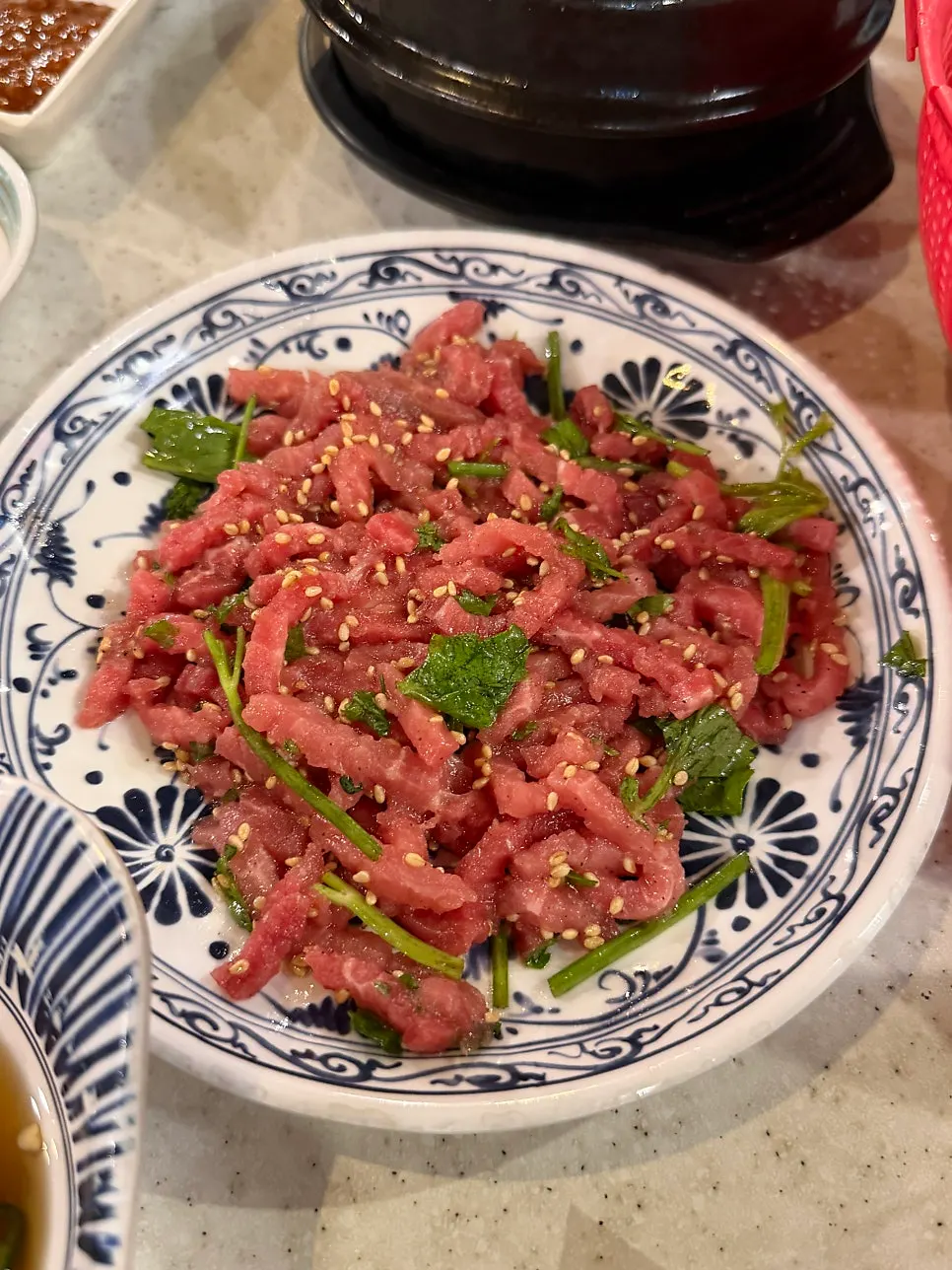 Complimentary yukhoe (raw beef tartare)