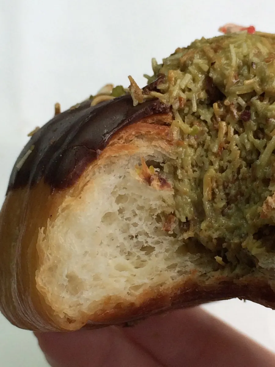 Cross-section of Dubai chocolate salt bread