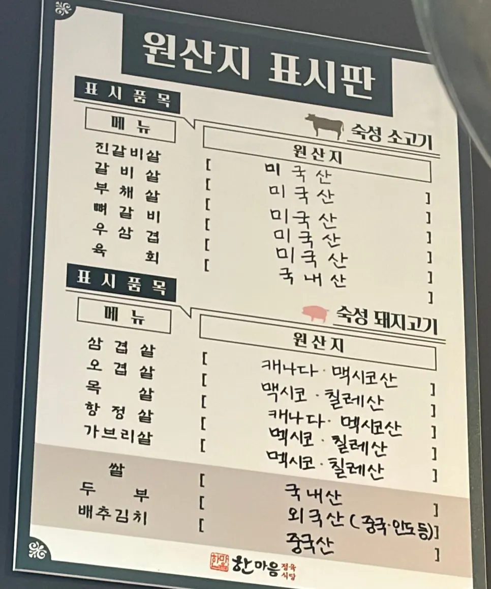 식사 메뉴와 가격이 적힌 메뉴판