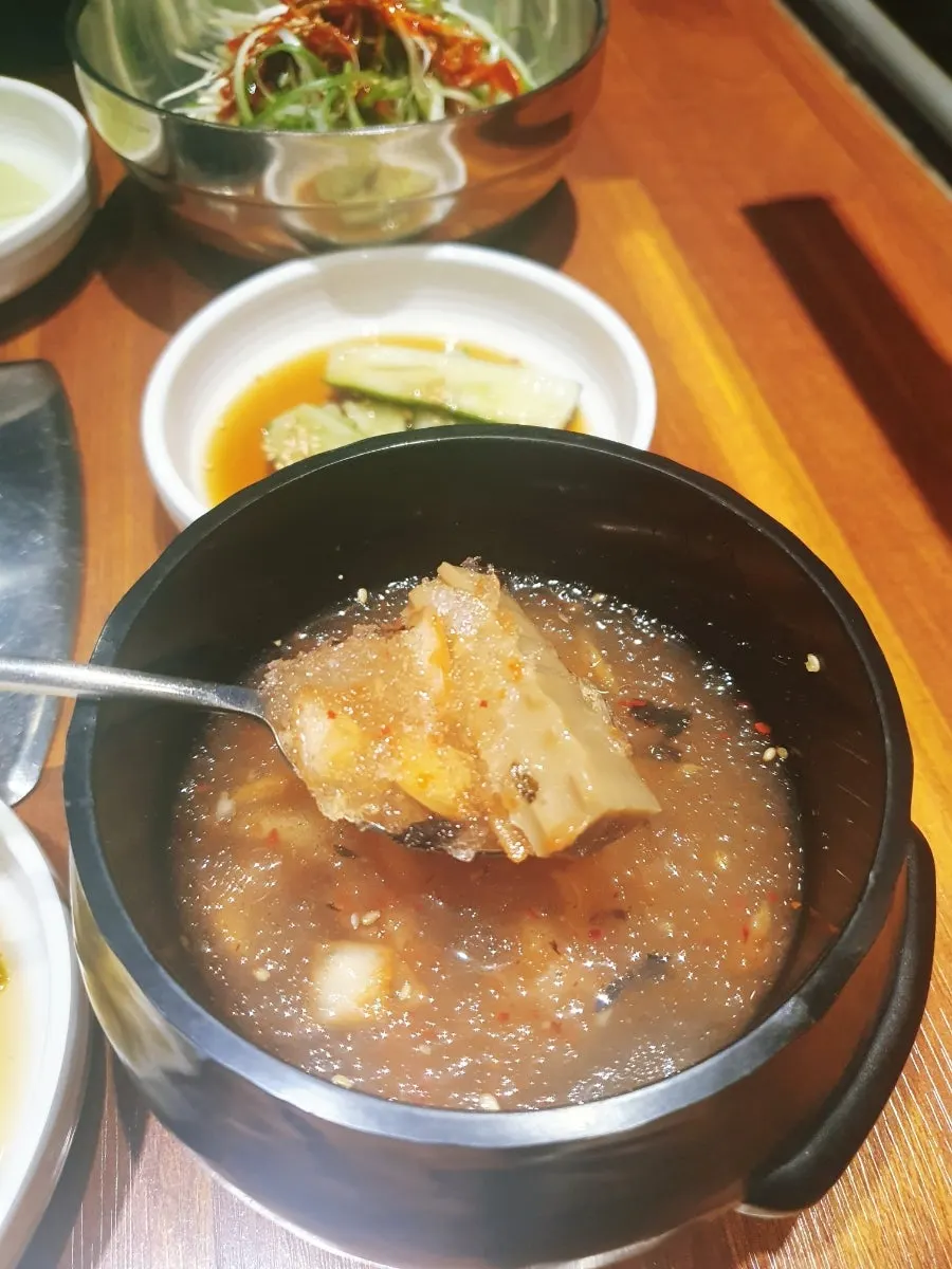 Variety of side dishes at the Korean barbecue restaurant