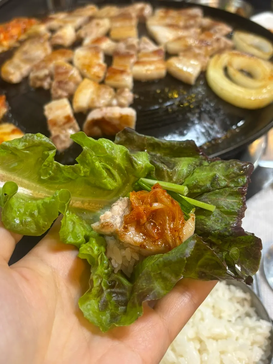 Fully grilled pork belly with side vegetables